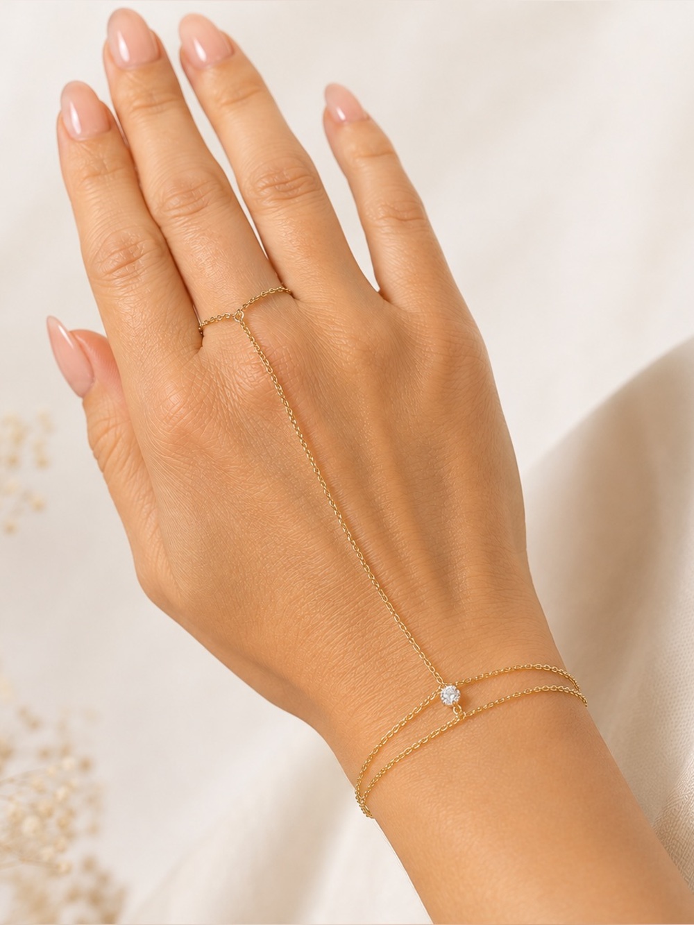 A507 Gold Dipped Stainless Steel Dainty Hand Chain Bracelet Ring w CZ